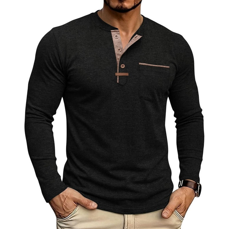 Men's Henley Long Sleeve Shirt with Chest Pocket in Black (photo 2)