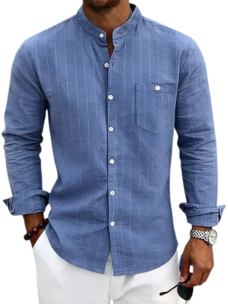 Men's Pinstripe Linen Blend Band Collar Shirt in Blue