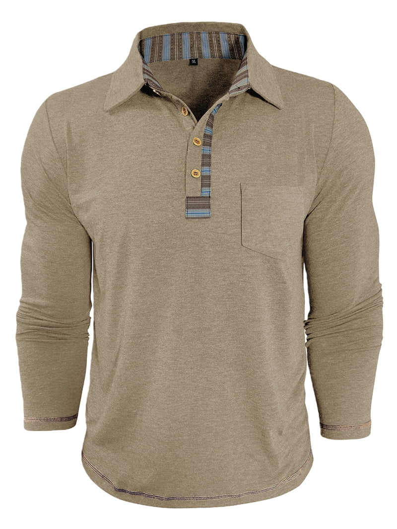 Men's Long Sleeve Polo with Striped Placket in Beige (photo 2)