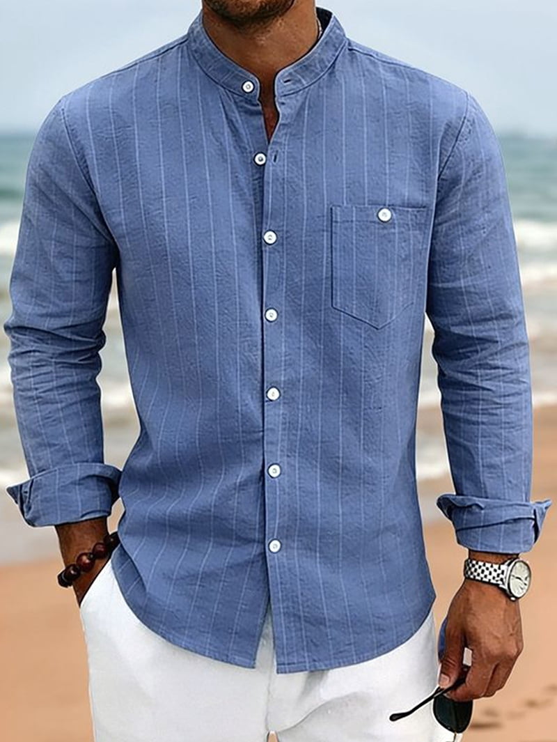 Men's Pinstripe Linen Blend Band Collar Shirt in Blue (photo 4)