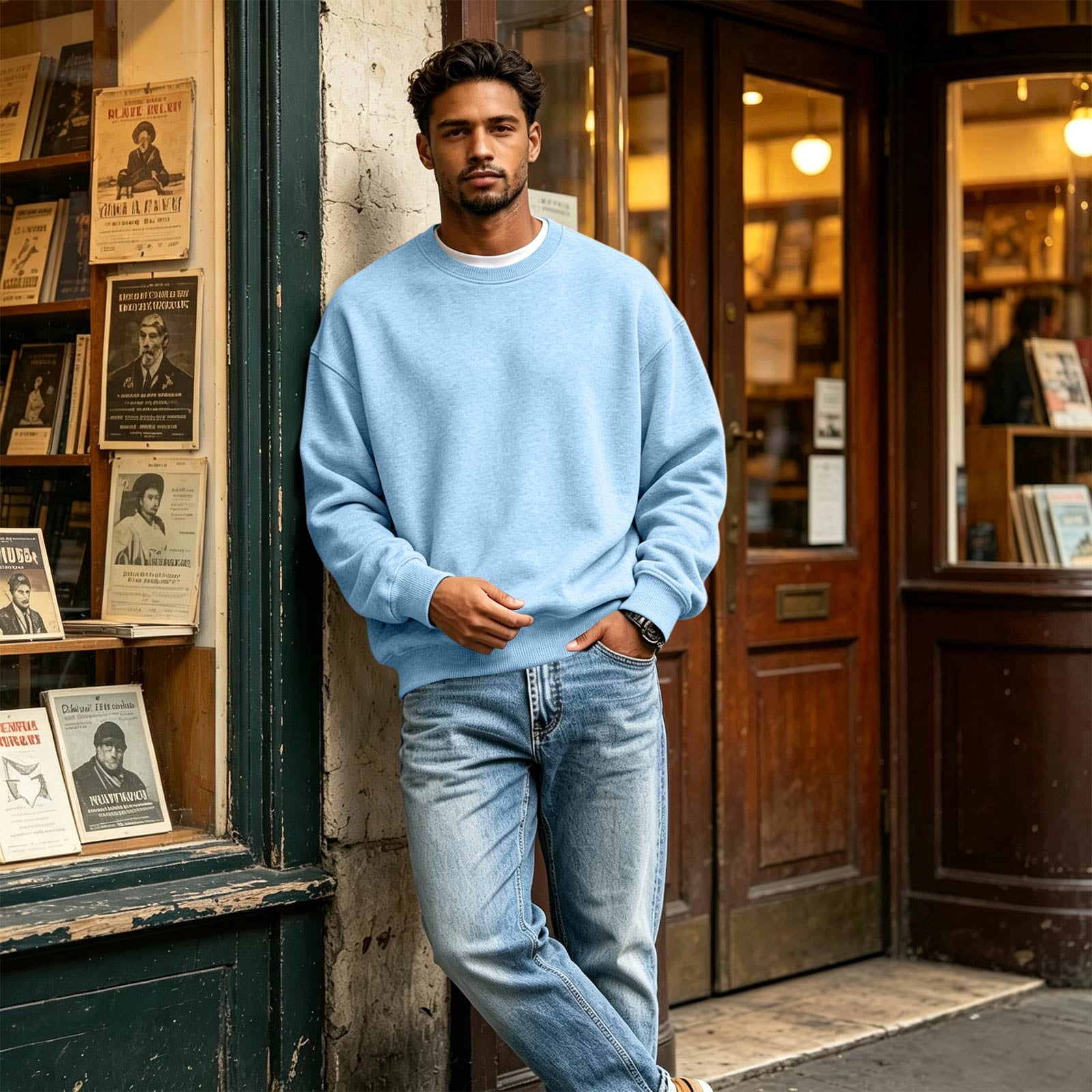 Men's Brushed Fleece Crewneck Sweatshirt in Light Blue (photo 4)