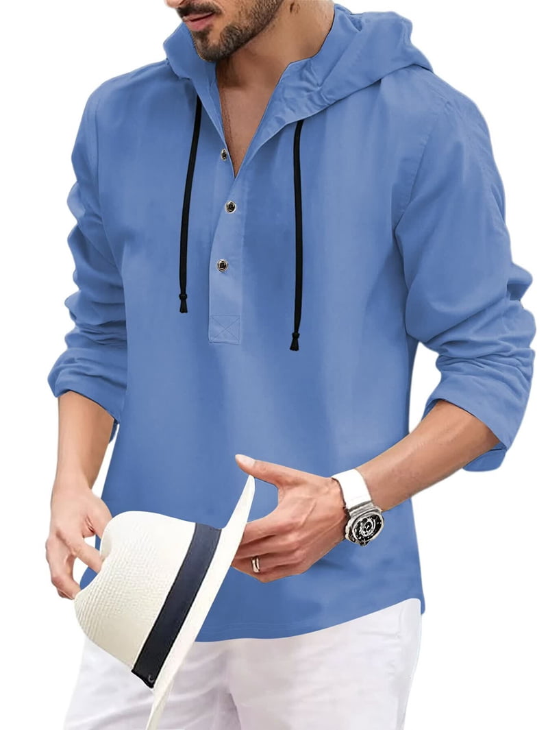 Men's Hooded Henley Shirt in Light Blue (photo 2)