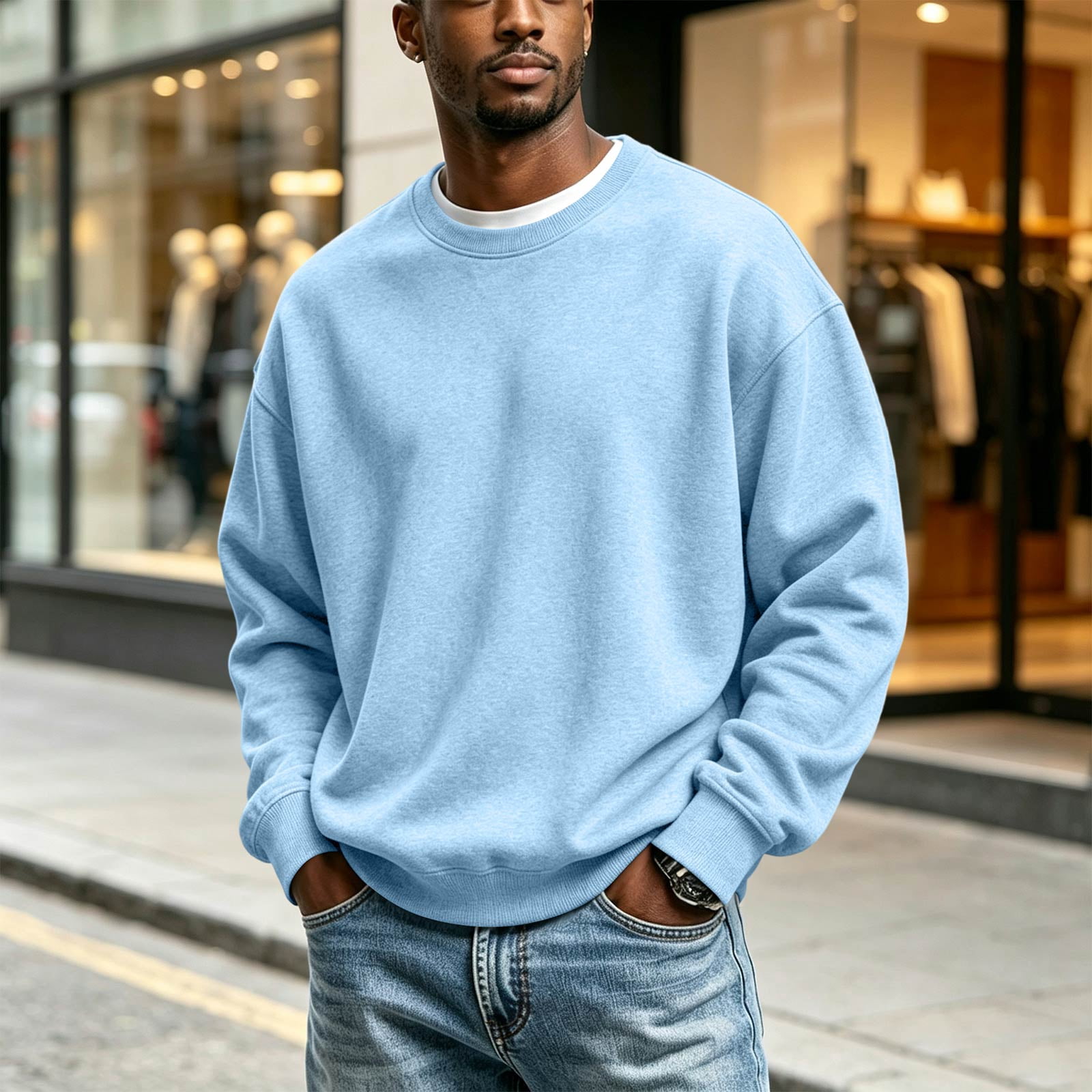 Men's Brushed Fleece Crewneck Sweatshirt in Light Blue (photo 5)