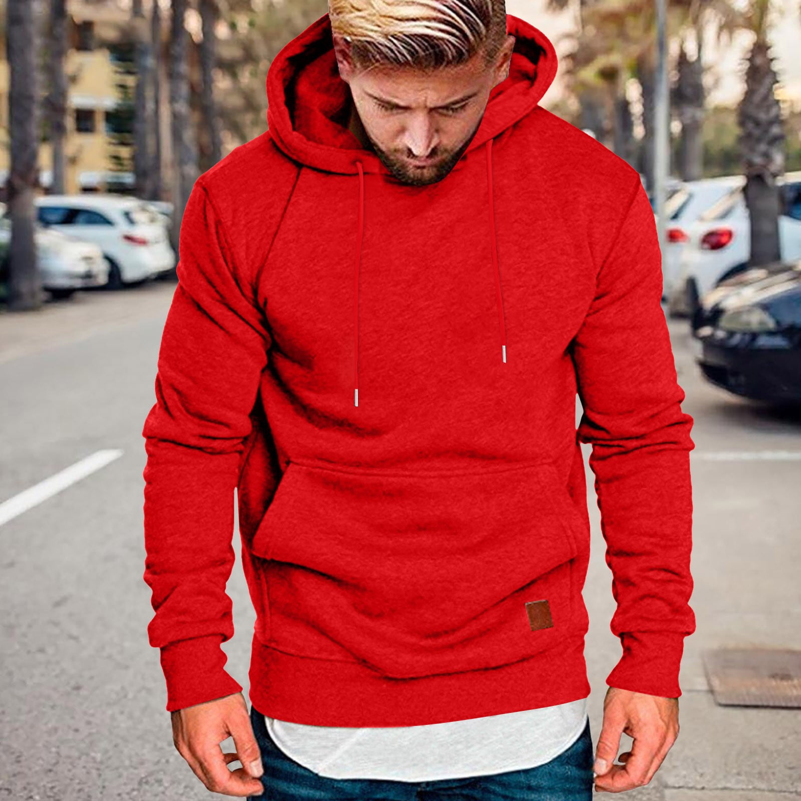 Men's Drawstring Pullover Hoodie in Red (photo 2)