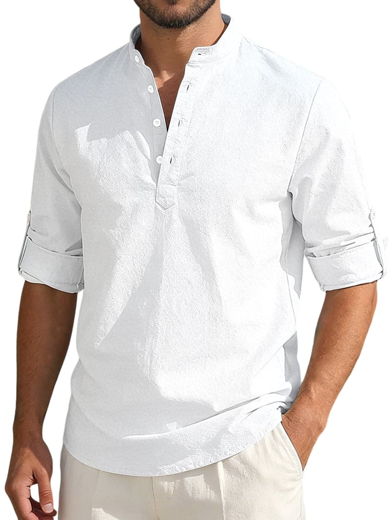 Men's Linen Blend Band Collar Popover Shirt in White