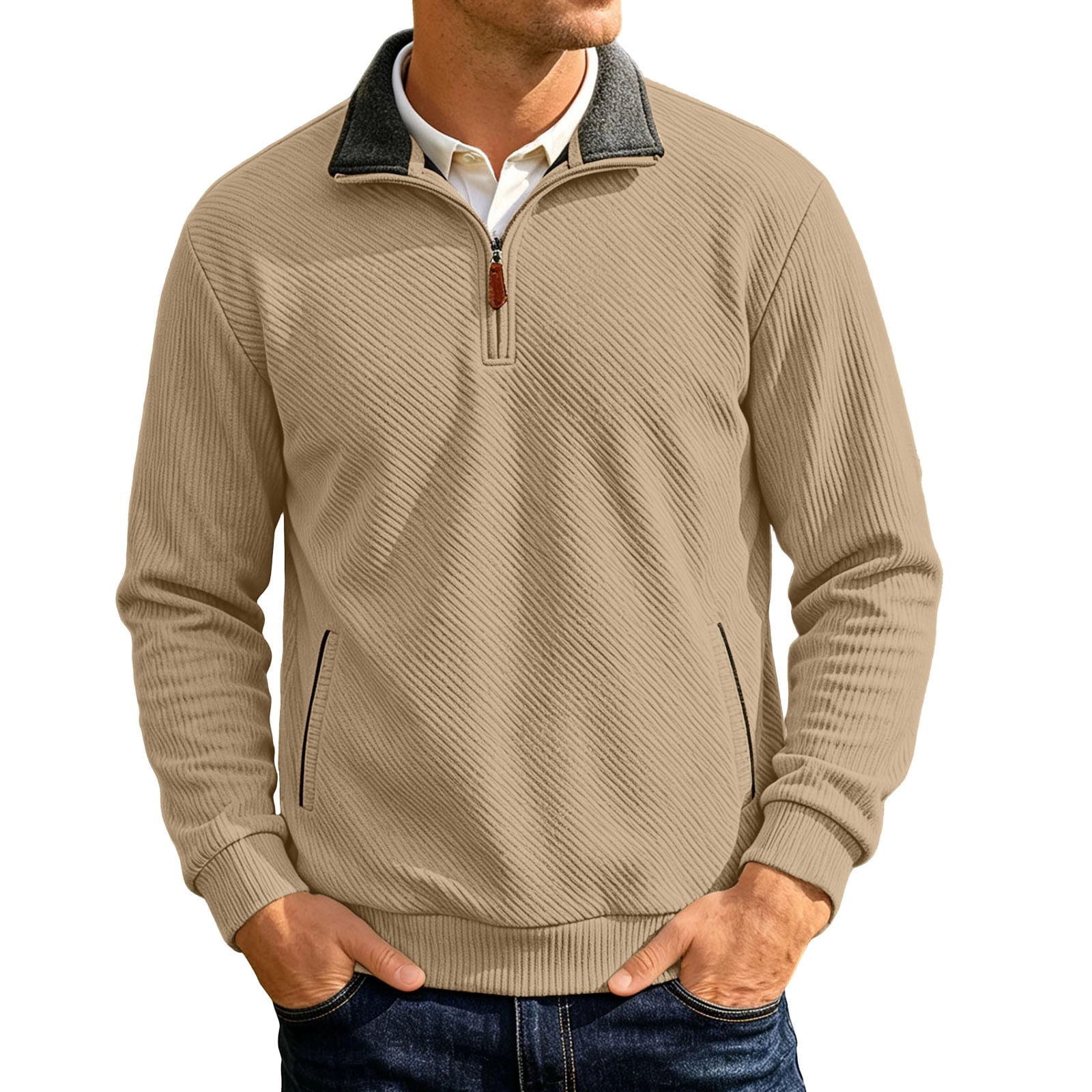 Men's Ribbed Quarter Zip Pullover with Zip Pockets in Khaki