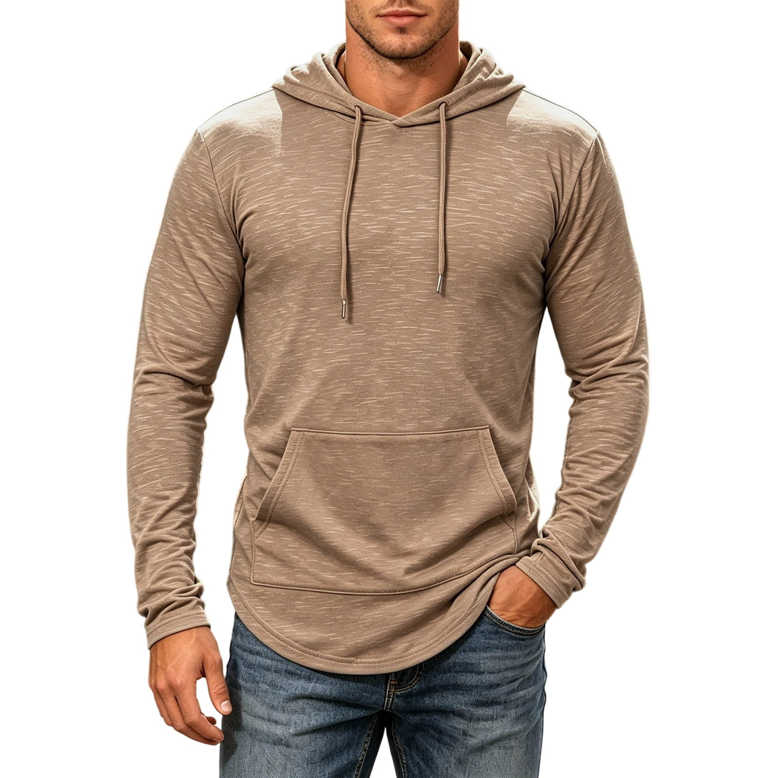 Men's Lightweight Pullover Hoodie with Curved Hem in Coffee