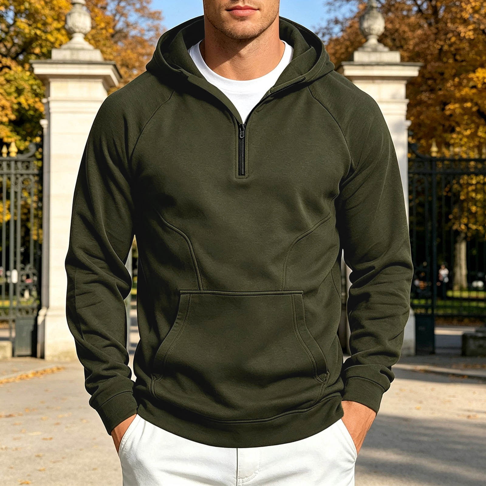 Men's Quarter Zip Hoodie in Army Green (photo 2)