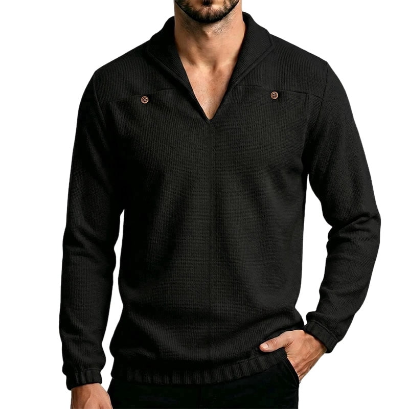 Men's Shawl Collar Waffle Knit Pullover in Black (photo 2)