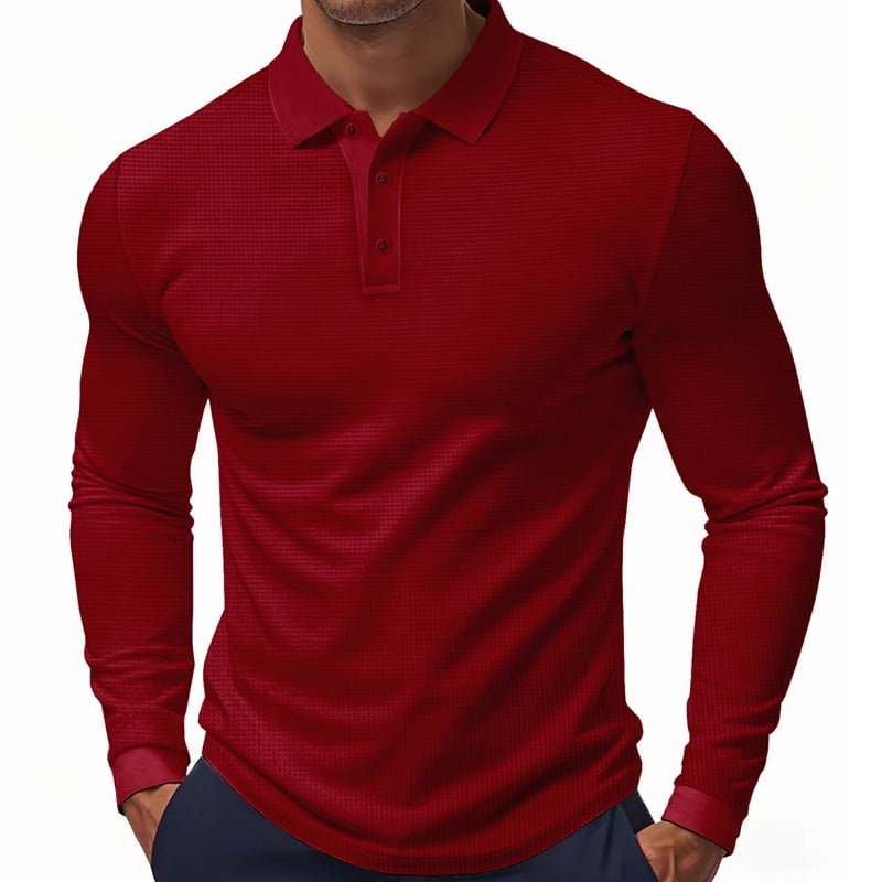 Men's Waffle Knit Long Sleeve Polo in Wine Red (photo 3)