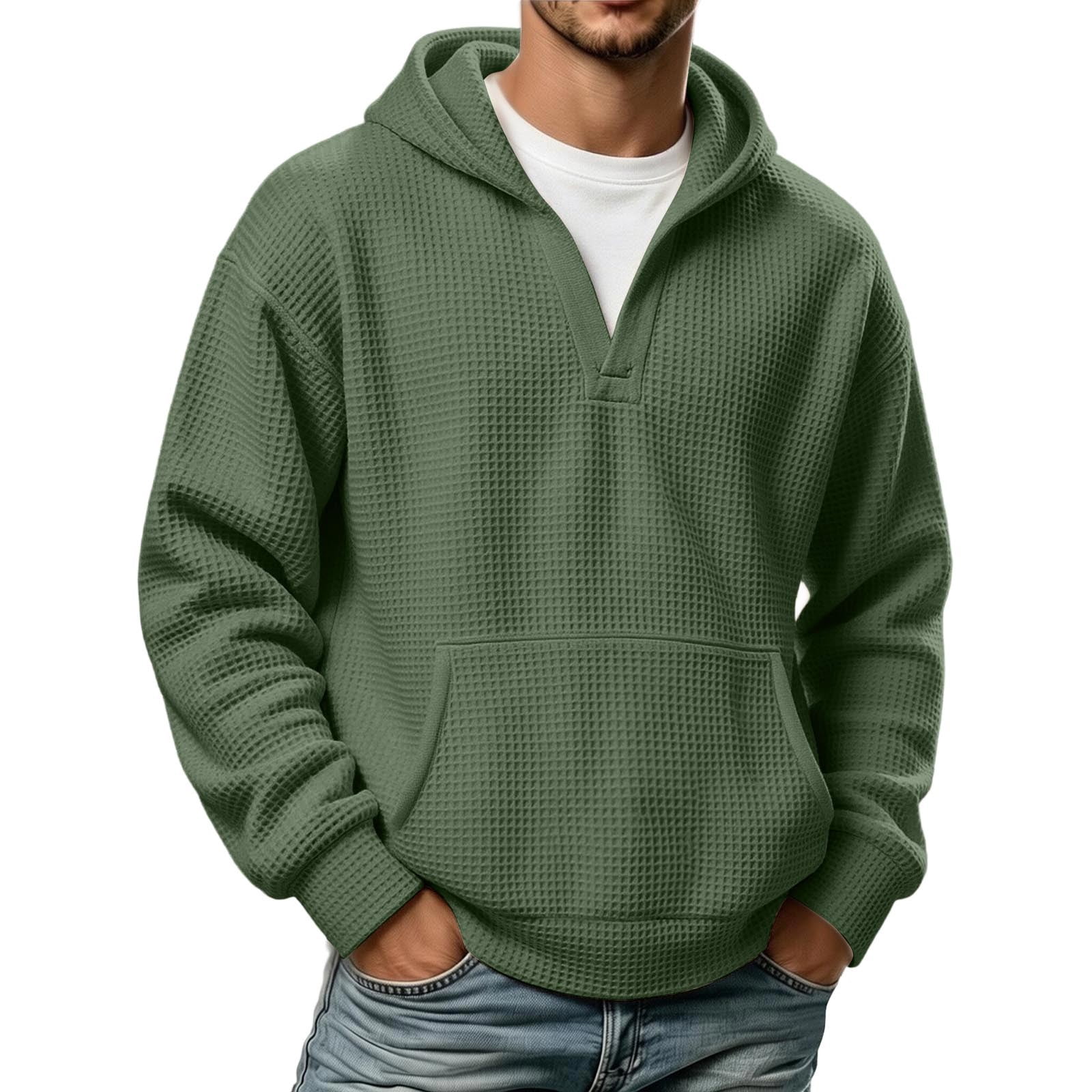 Men's Waffle Knit Pullover Hoodie in Moss Green