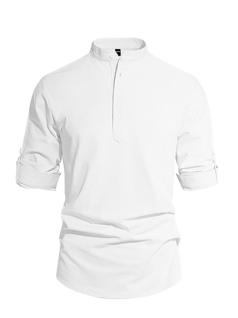 Men's Linen Blend Band Collar Popover Shirt in White (photo 2)