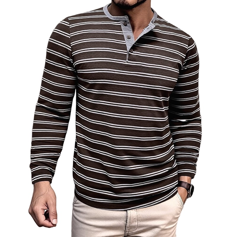 Men's Striped Henley Long Sleeve Shirt in Coffee
