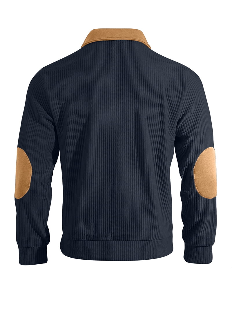 Men's Corduroy Half Zip Pullover with Contrast Yoke in Navy Blue (photo 7)
