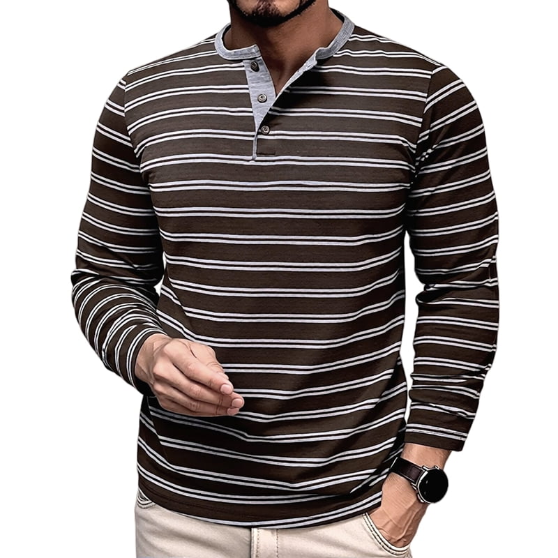Men's Striped Henley Long Sleeve Shirt in Coffee (photo 3)