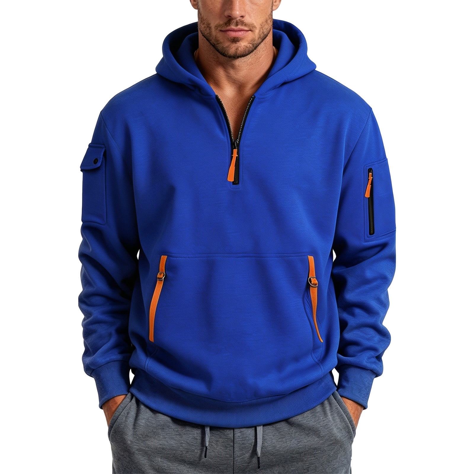 Men's Half Zip Hoodie with Zip Pockets in Royal Blue