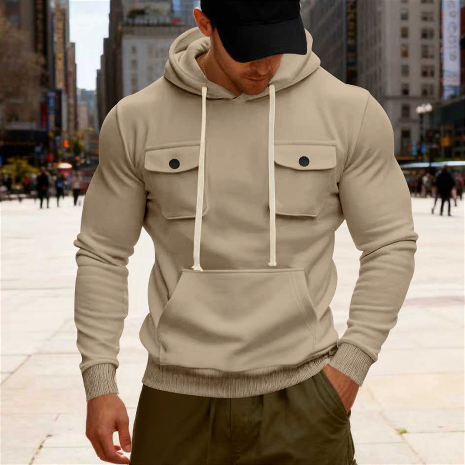 Men's Cargo Pocket Pullover Hoodie in Khaki