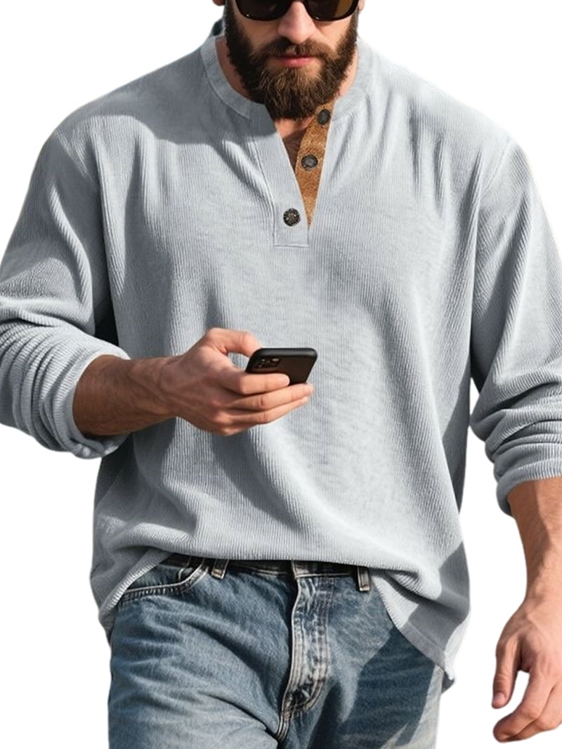 Men's Corduroy Henley Shirt in Light Gray (photo 2)