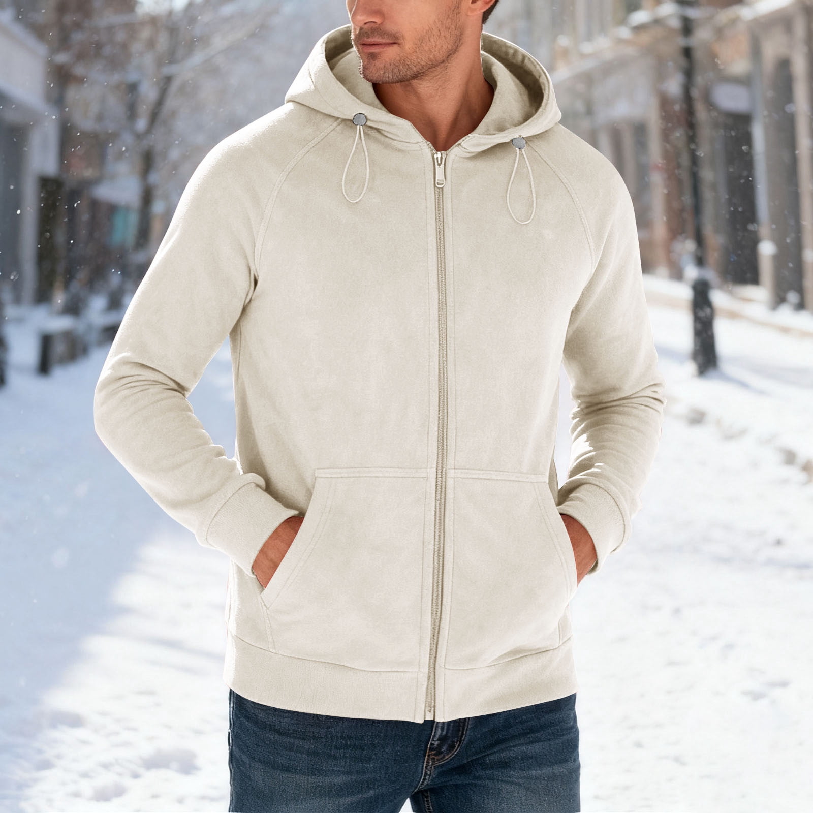 Men's Sherpa Lined Full Zip Hoodie in Cream