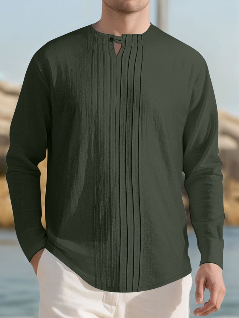Men's Pleated Front Linen Blend Shirt in Dark Green (photo 4)
