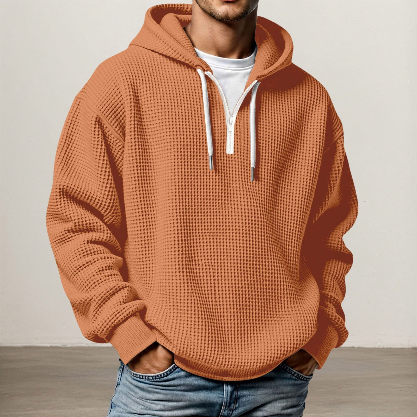 Men's Waffle Knit Quarter Zip Hoodie in Burnt Orange (photo 2)