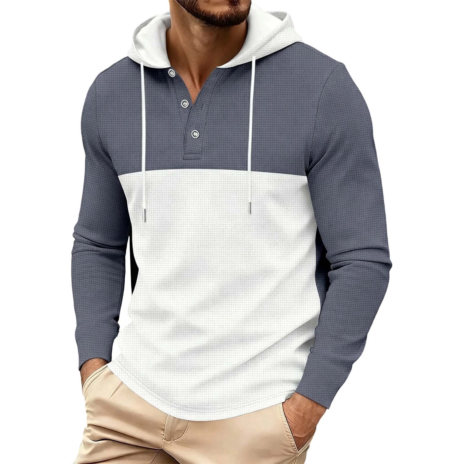 Men's Color Block Waffle Henley Hoodie in Slate and White
