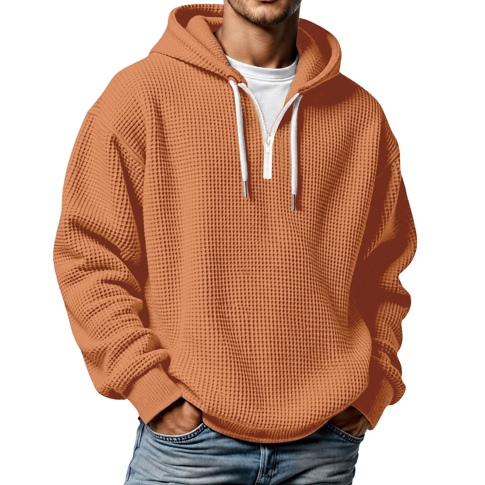 Men's Waffle Knit Quarter Zip Hoodie in Burnt Orange