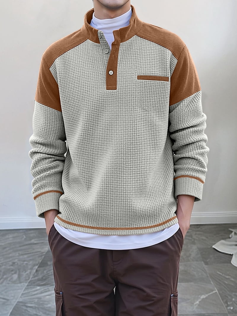 Men's Stand Collar Color Block Pullover in Light Gray and Brown (photo 6)