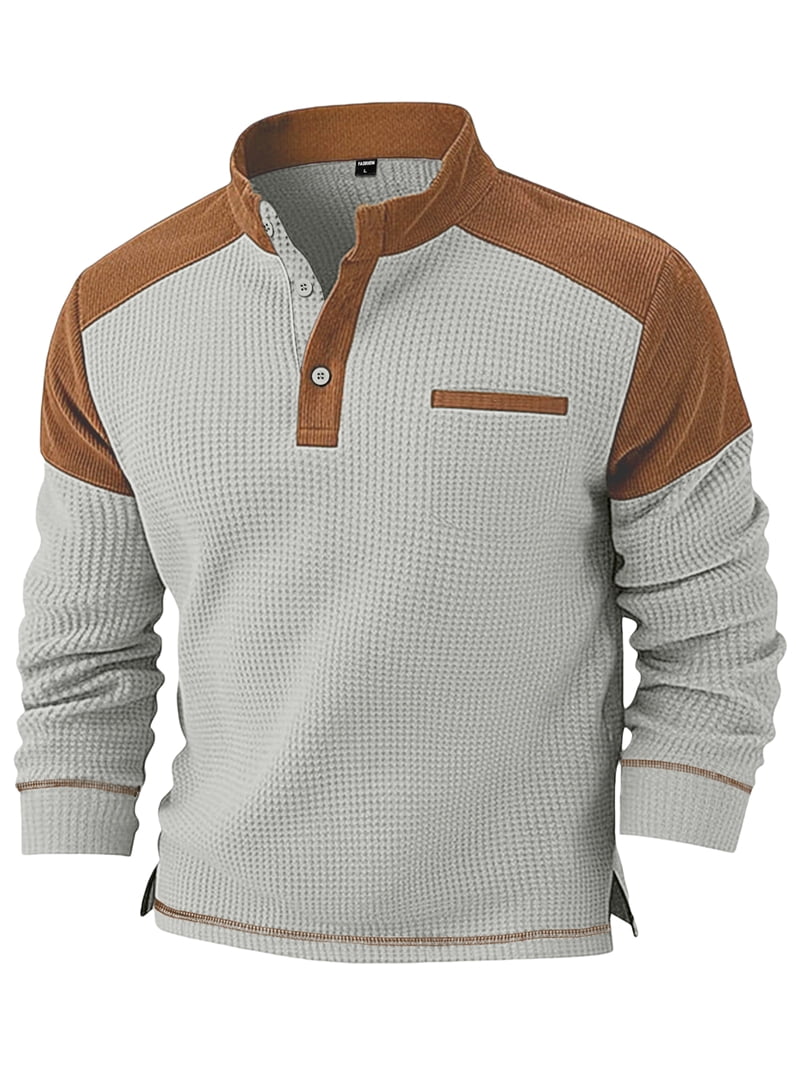 Men's Stand Collar Color Block Pullover in Light Gray and Brown (photo 2)