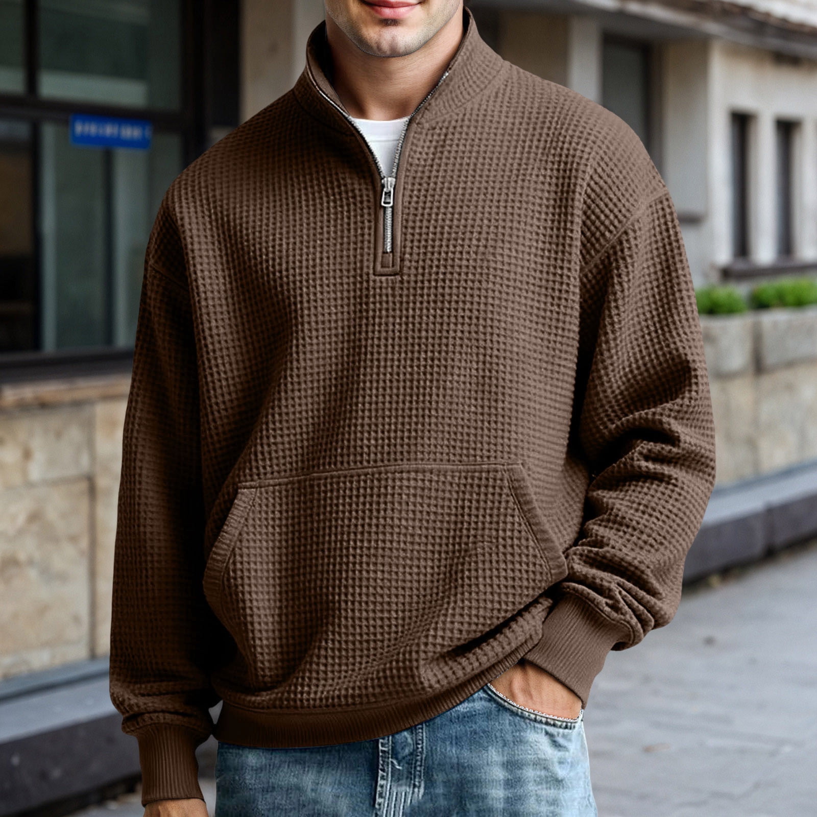 Men's Waffle Knit Stand Collar Quarter Zip in Coffee