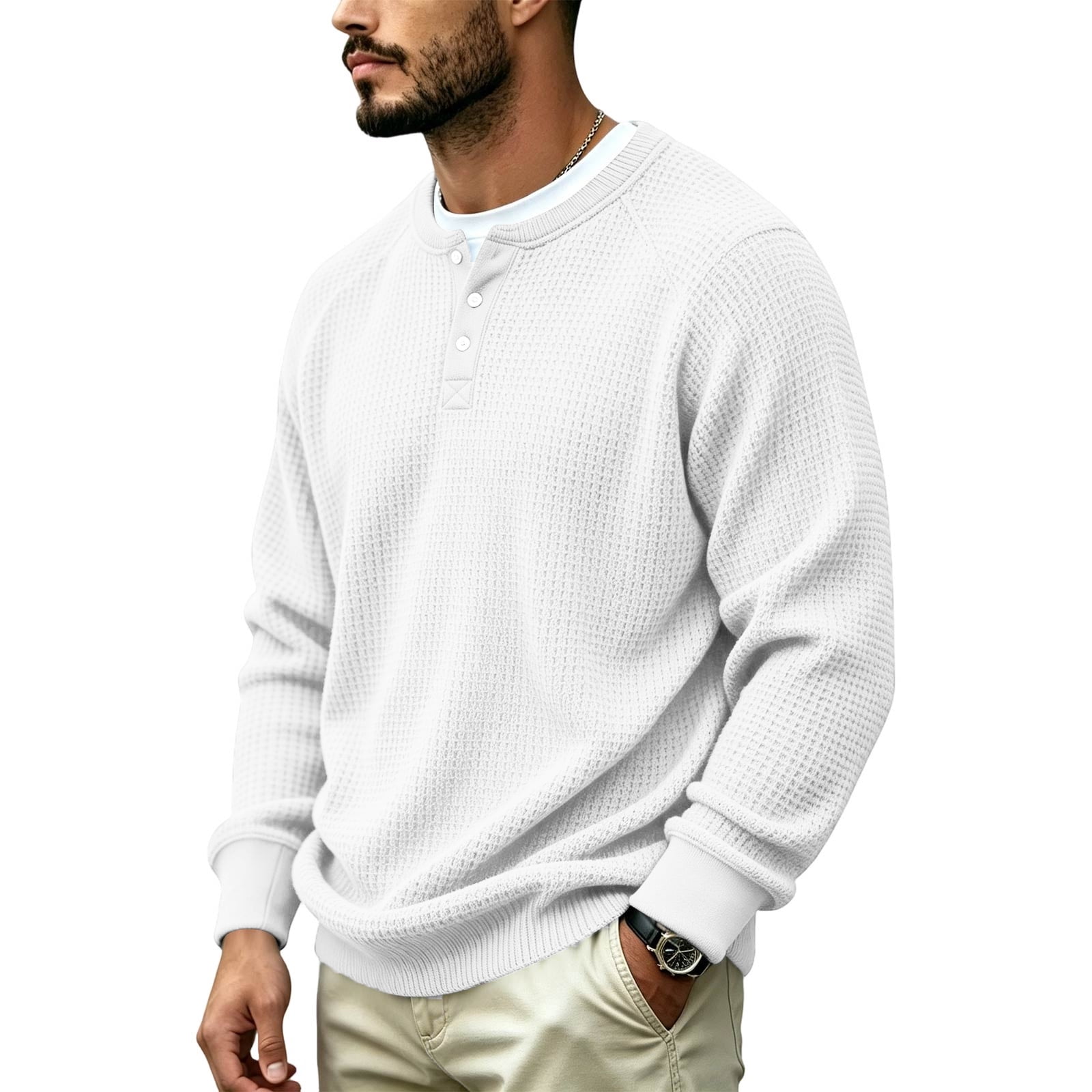 Men's Waffle Knit Henley Sweatshirt in White (photo 7)