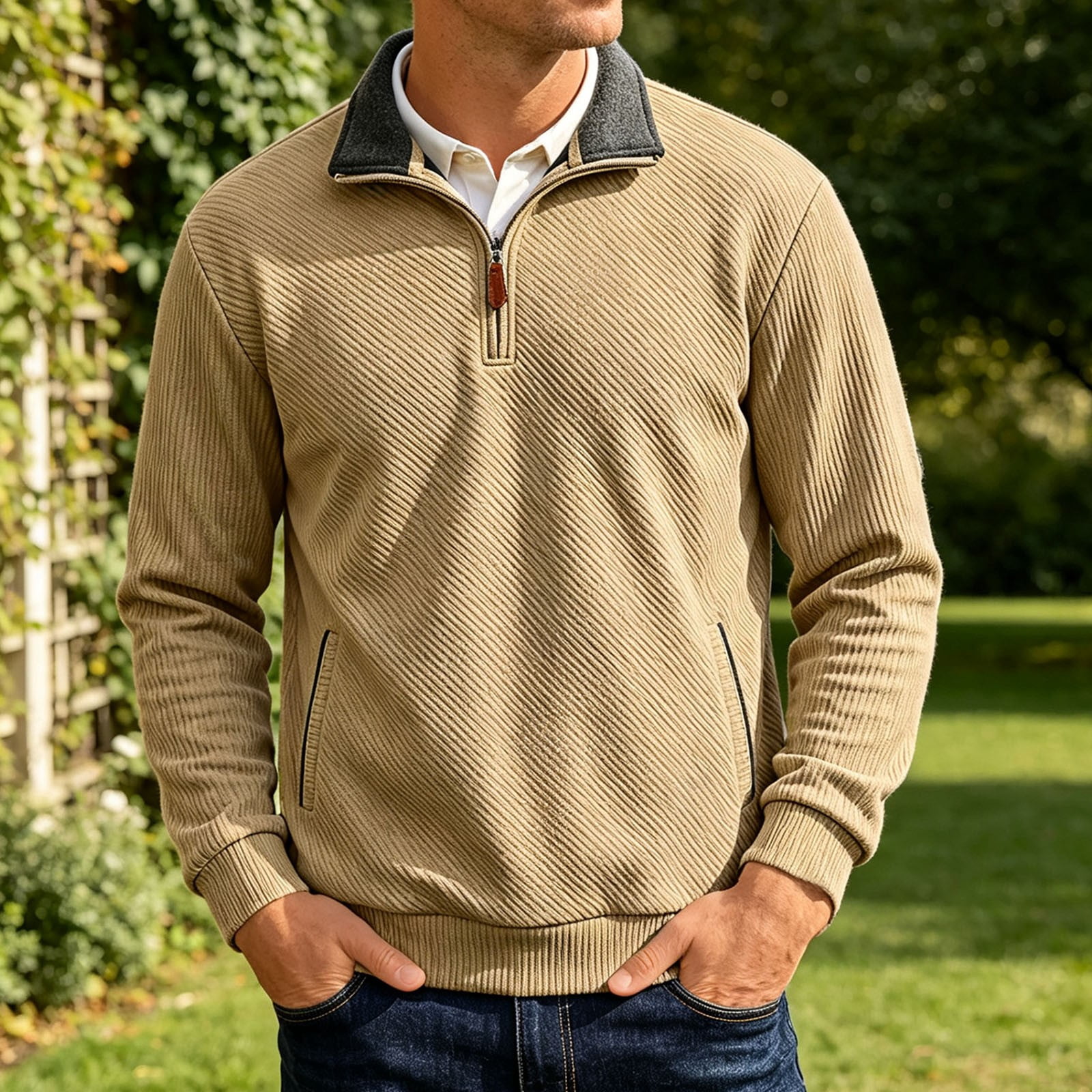 Men's Ribbed Quarter Zip Pullover with Zip Pockets in Khaki (photo 2)