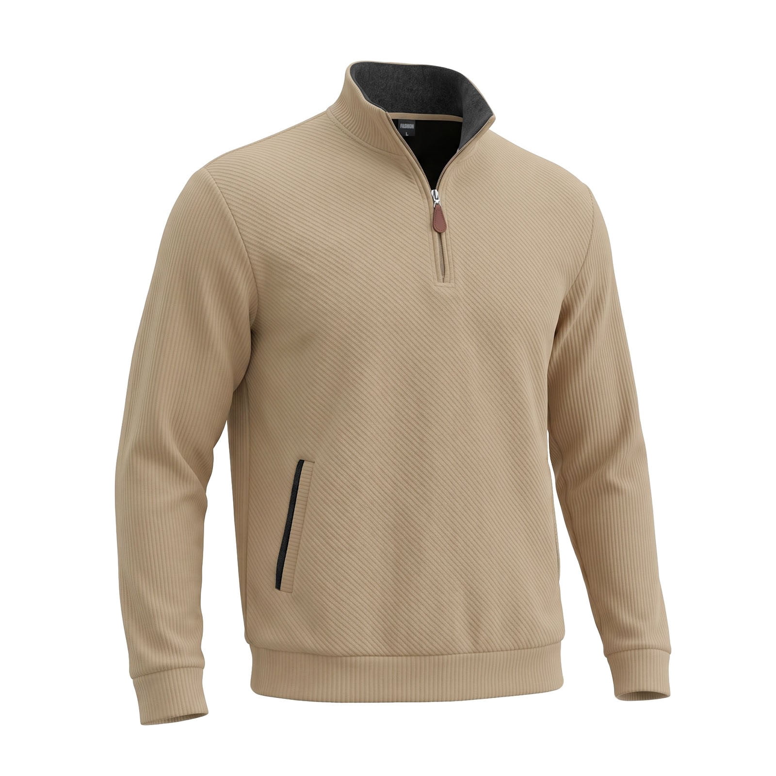 Men's Ribbed Quarter Zip Pullover with Zip Pockets in Khaki (photo 3)