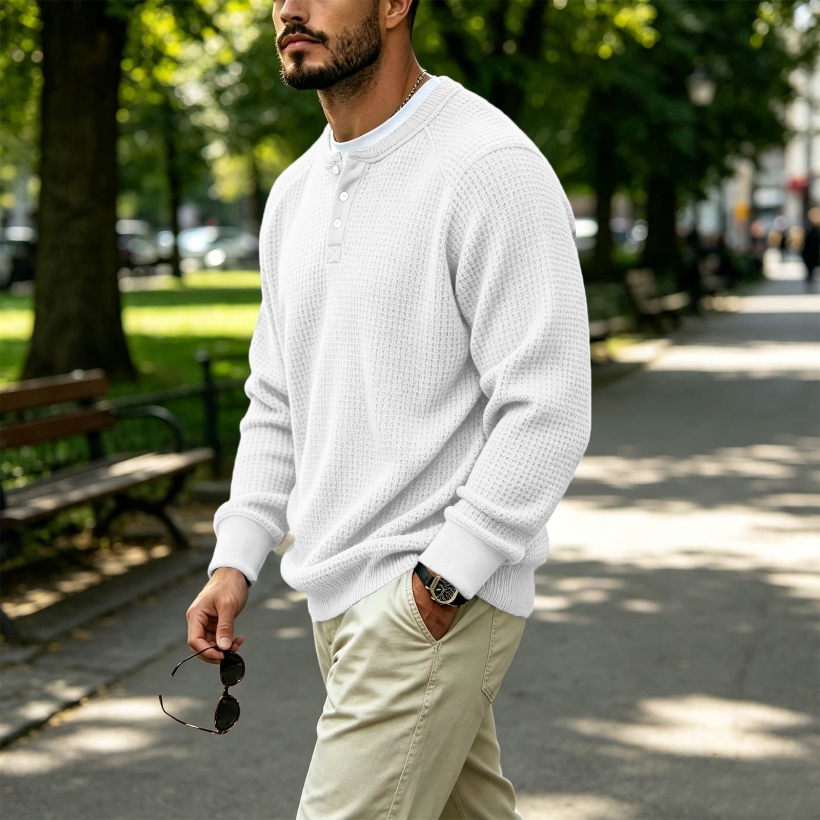 Men's Waffle Knit Henley Sweatshirt in White (photo 3)