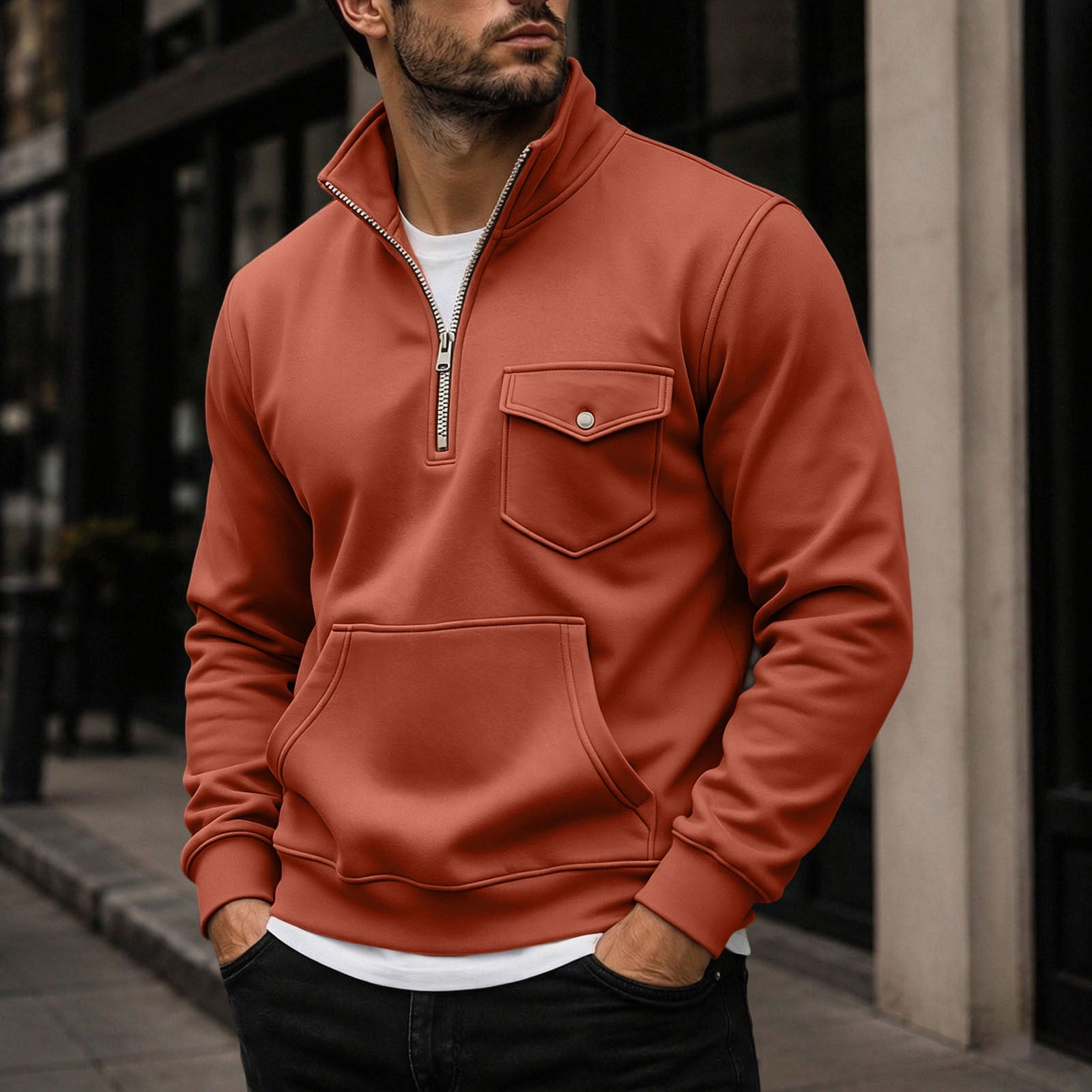 Men's Quarter Zip Sweatshirt with Flap Pocket in Brick Red (photo 2)