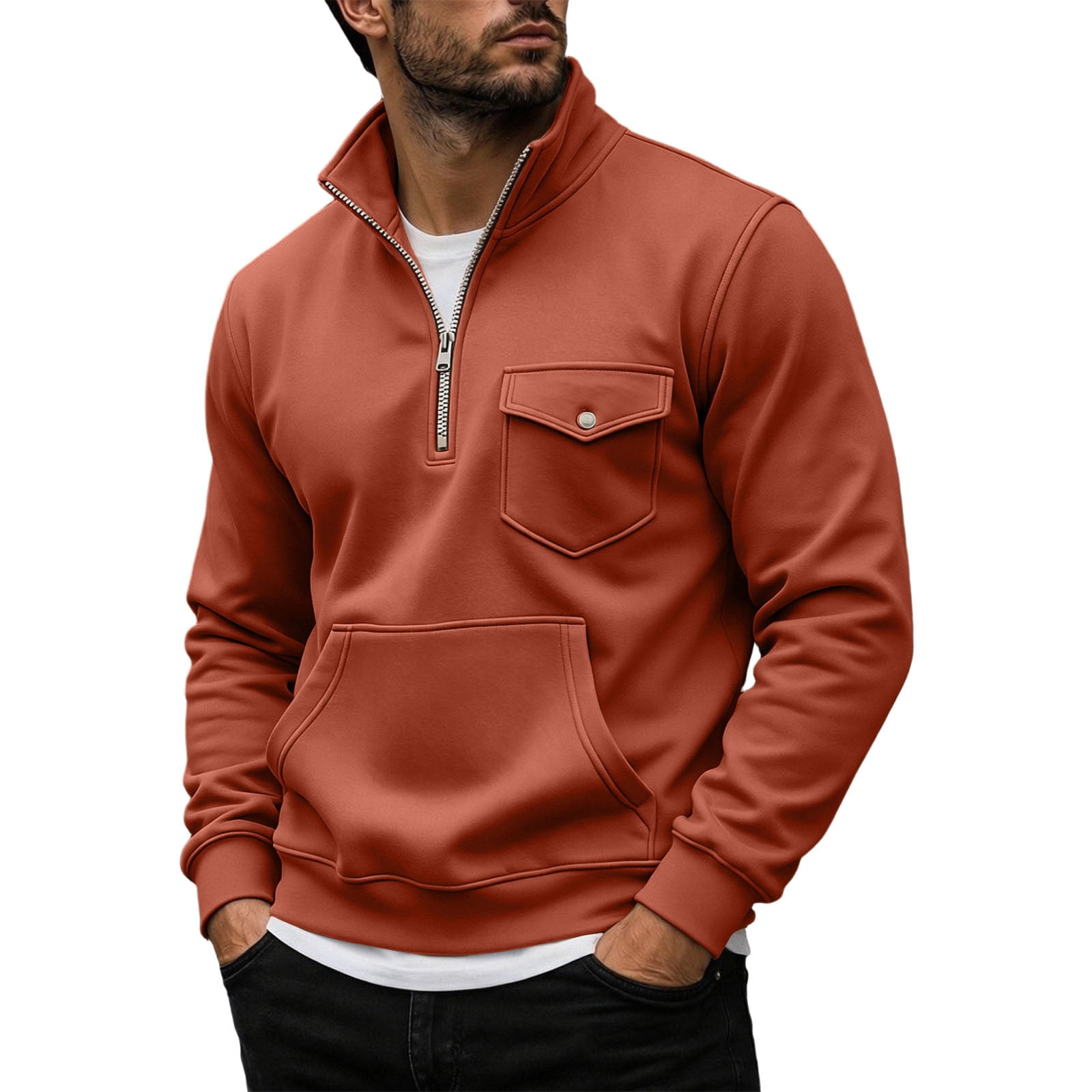 Men's Quarter Zip Sweatshirt with Flap Pocket in Brick Red