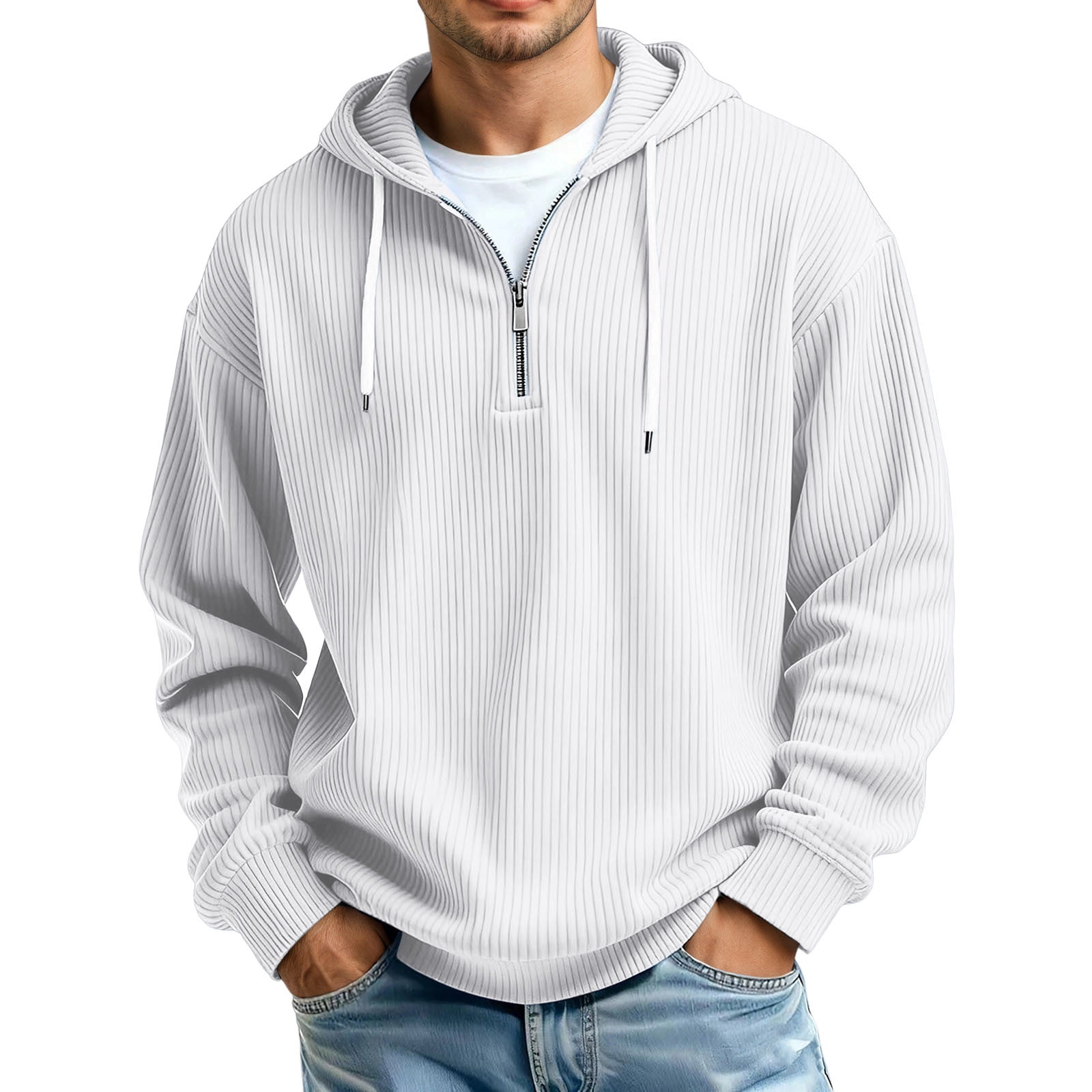 Men's Ribbed Quarter Zip Hoodie in White (photo 2)