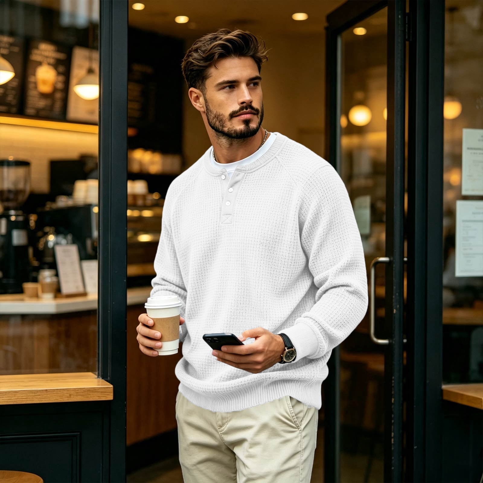 Men's Waffle Knit Henley Sweatshirt in White (photo 6)