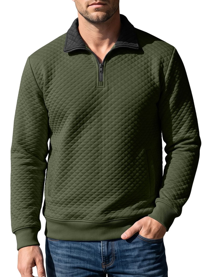 Men's Quilted Quarter Zip Pullover in Army Green