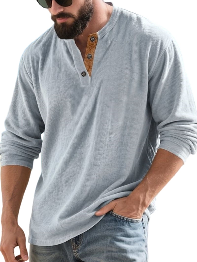 Men's Corduroy Henley Shirt in Light Gray