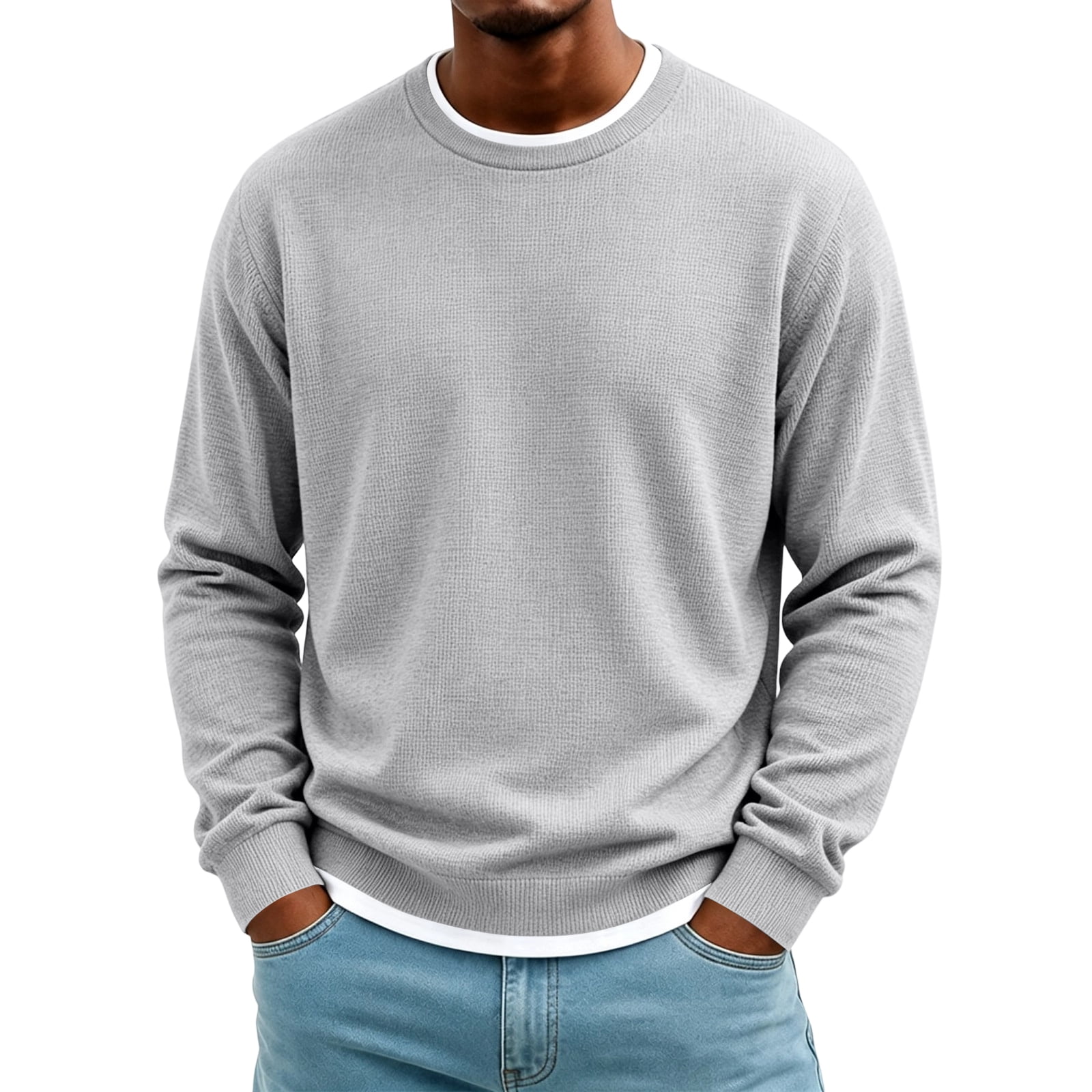 Men's Waffle Knit Crewneck Sweatshirt in Light Gray