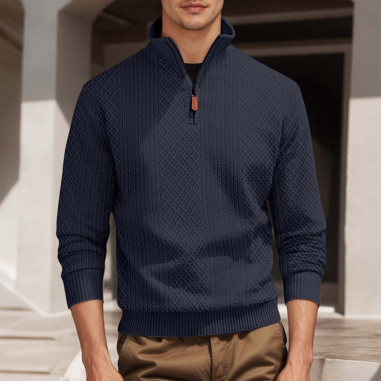 Men's Jacquard Knit Quarter Zip Pullover in Navy