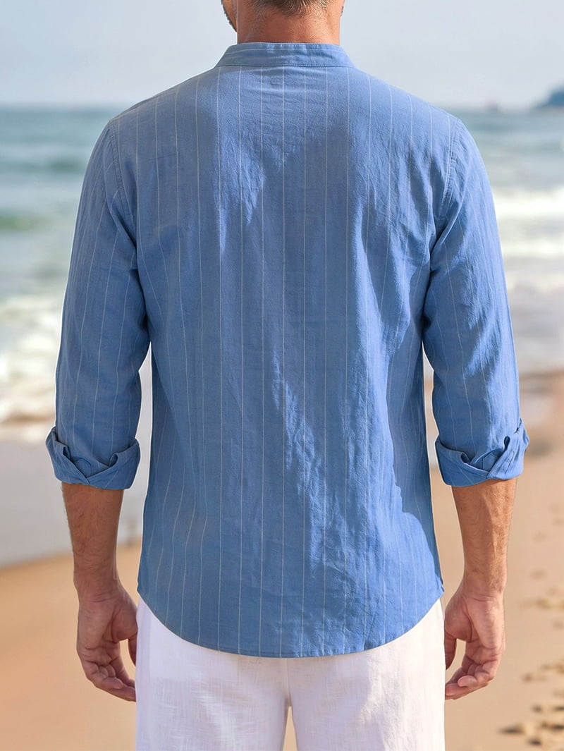 Men's Pinstripe Linen Blend Band Collar Shirt in Blue (photo 7)