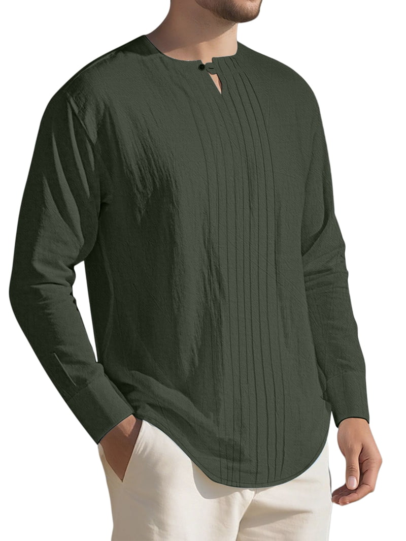 Men's Pleated Front Linen Blend Shirt in Dark Green (photo 3)