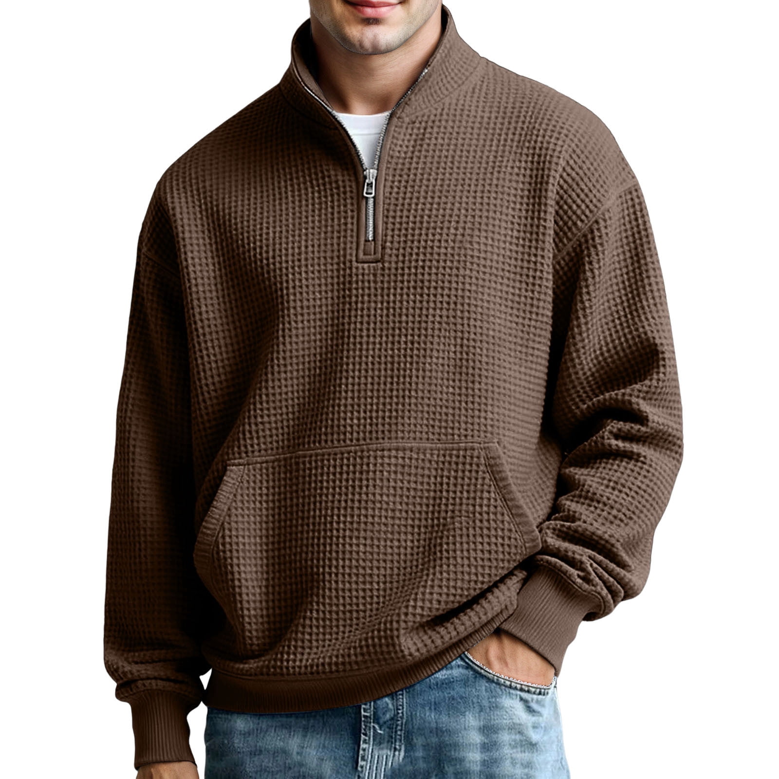Men's Waffle Knit Stand Collar Quarter Zip in Coffee (photo 2)