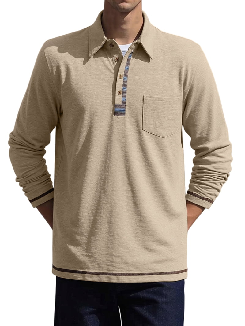 Men's Long Sleeve Polo with Striped Placket in Beige (photo 3)