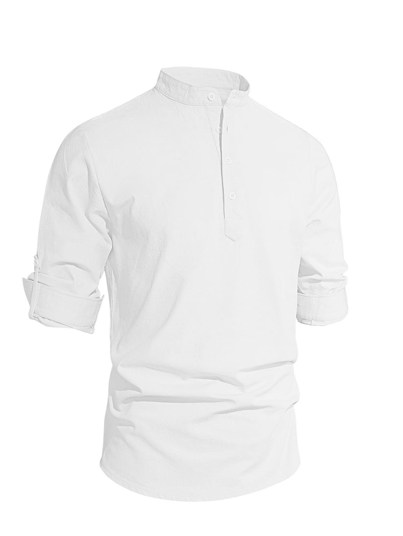 Men's Linen Blend Band Collar Popover Shirt in White (photo 3)