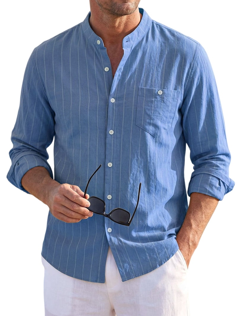 Men's Pinstripe Linen Blend Band Collar Shirt in Blue (photo 2)