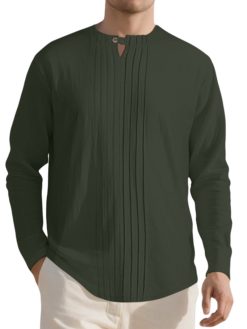 Men's Pleated Front Linen Blend Shirt in Dark Green