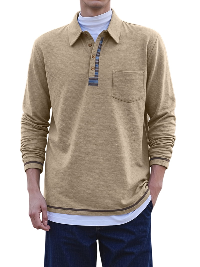 Men's Long Sleeve Polo with Striped Placket in Beige